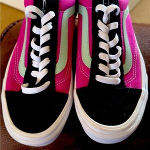 Vans shoes, pink and black, suede.